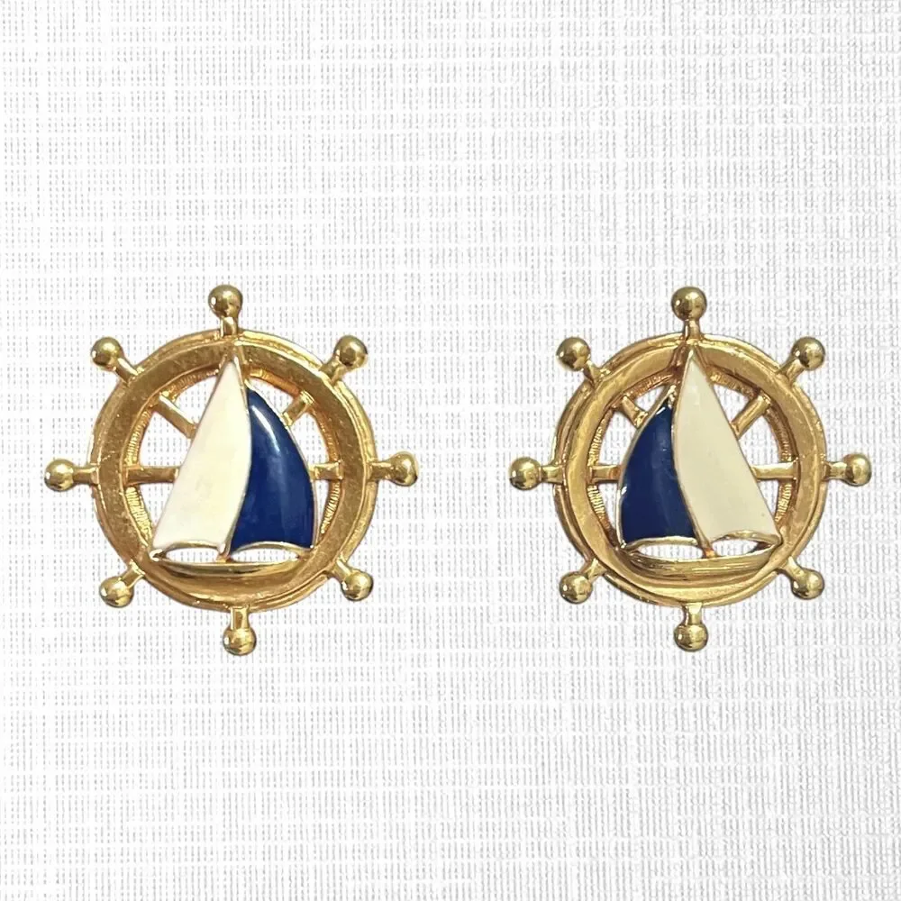 Vintage Avon Ship Ahoy Earrings Gold Tone Sailboat Enamel Nautical Pierced